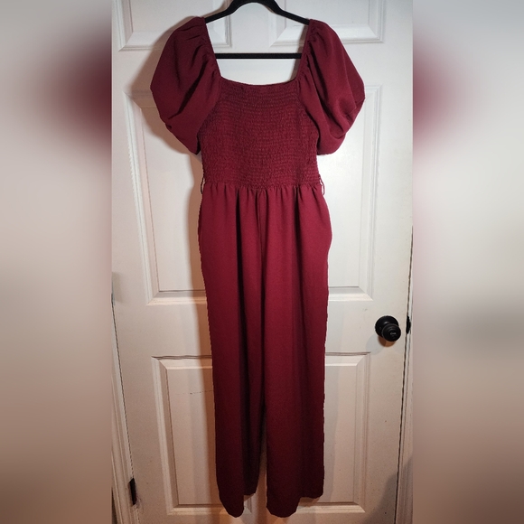 Angashion Burgundy Stretchy Melon Sleeve Pant Jumpsuit Pockets Belt Loops XL - Picture 1 of 5